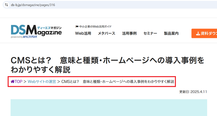位置型パンくずリストの例 (DSマガジン) 位置型パンくずリストの例 (DSマガジン)