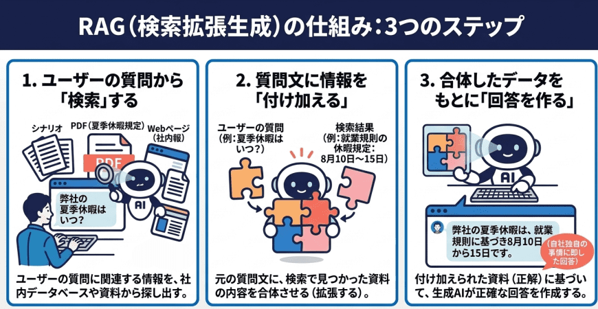RAG（検索拡張生成）の仕組み：3つのステップ
