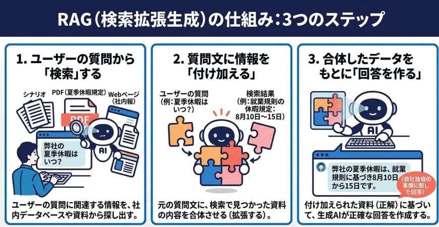 RAG(検索拡張生成)の仕組み:3ステップ RAG(検索拡張生成)の仕組み:3ステップ