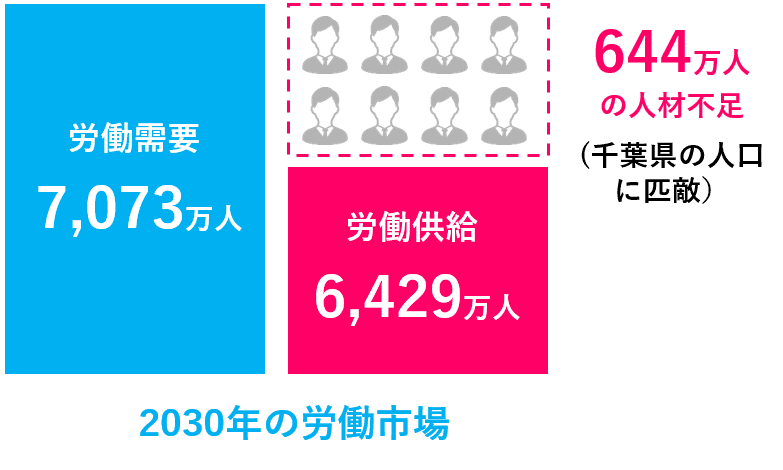 2030年には644万人(千葉県の人口に匹敵)もの人手不足が発生 2030年には644万人(千葉県の人口に匹敵)もの人手不足が発生